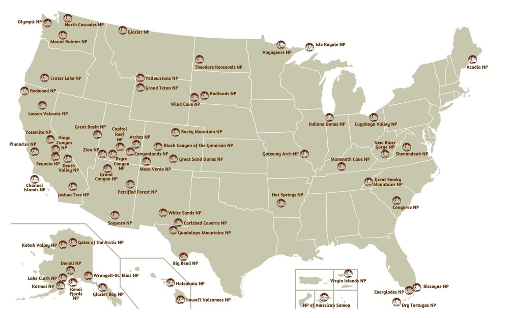 carte des parcs nationaux aux états unis