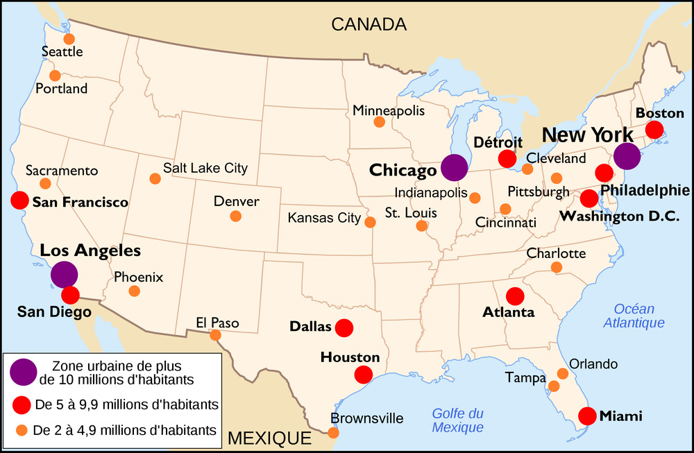 carte des villes américaines les plus peuplées